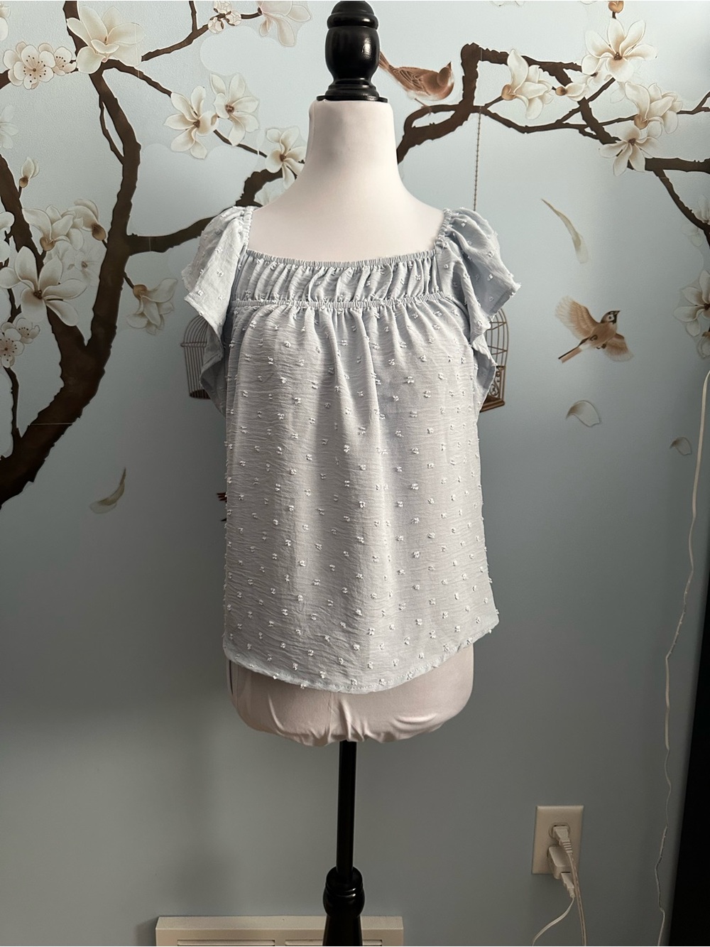 Light Blue Swiss Dot Ruffle Sleeve Women’s Top